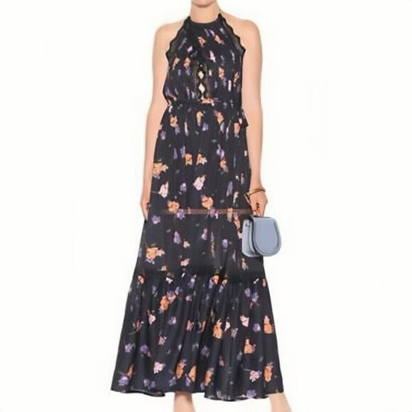 Self-Portrait Dresses & Skirts - NWTT Self Portrait Lace Floral Halter Maxi Dress Black Size 4 Pleated layering
